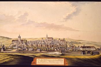Zámek a město na obr. I.A.Venuta z roku 1803 (© Ing. Karel Kubín, 09/2017)