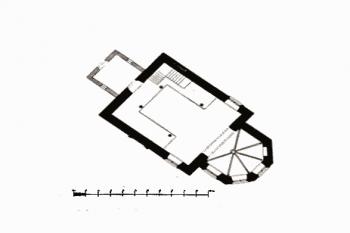 půdorys kostela ( © Antonín Cechner: Soupis památek historických a uměleckých v Království Českém, sv. 31 Politický okres novopacký, Archaelogická komise při České akademii císaře Františka Josefa pro vědy, slovesnost a umění, Praha 1909)