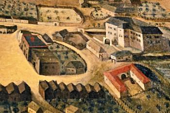 Vedita Zlína se zámkem před pozdějšími přestavbami, malba ze 40. let 18. století (© přefoceno ve vestibulu zámku )