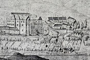 Zámek před přestavbou na vedutě města z poloviny 18. století (© přefoceno ve vestibulu zámku )
