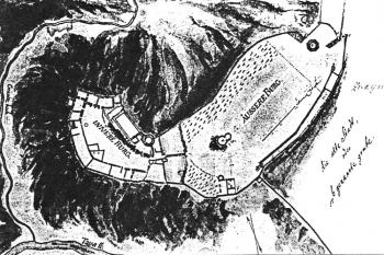 Znojemský hrad a předhradí na plánech vojenského topografa úřed barokní přestavbou v letech 1710 - 1720 (© převzato z Konečný L. J. - Románská rotunda ve Znojmě (2005))