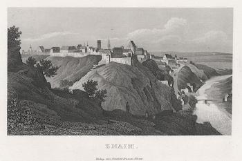 Podoba města Znojma s areálem bývalého hradu na ocelorytině z doby kolem roku 1840  (© Gotlieb Haase)
