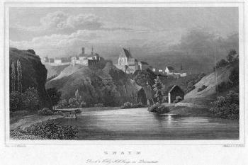 Pohled z údolí Dyje na Znojmo s dominantou hradu a kostela sv. Mikuláše,  oceloryt 1846 (© E. Höfer podle K. Würbse)