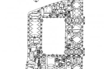 půdorys přízemí před opravou 1996-98 (© P. Macek, P. Zahradník: Toskánský palác - představy architekta a stavebníka v konfrontaci s daným prostřiedím, Průzkumy památek 1999-I)