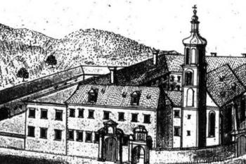 klášter v polovině 18. století na rytině F. B. Wernera ( © Pavel Vlček, Ester Havlová: Praha 1610-1700. Kapitoly o architektuře raného baroka, Libri, Praha 1998)