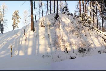 panorama pahorku jádra obklopeného mohutným příkopem - pohled od jihozápadu ( © Jan P. Štěpánek 01/2006)