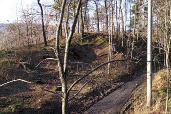 Pohled na pahorek jádra (vpravo) a předhradí (vlevo) od jihovýchodu ( © Jan P. Štěpánek 12/2006)