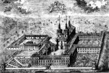 klášter na rytině M. Ziegelbauera, 1740 (© Johannes Zeschick: Benediktini a benediktinky v Čechách a na Moravě, Benediktinské arciopatství sv. Vojtěcha a sv. Markéty, Praha 2007)