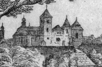 kostel od severozápadu před regotizací - výřez z litografie J. Šembery z r. 1833 ( © Kaplanová, Kristina a Vácha, Štěpán: Chrám sv. Vavřince ve Vysokém Mýtě, Okresní muzeum ve Vysokém Mýtě, Vysoké Mýto 2001)