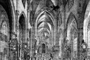 interiér kostela před regotizací na litografii J. Šembery, 1843 (© Kaplanová, Kristina a Vácha, Štěpán: Chrám sv. Vavřince ve Vysokém Mýtě, Okresní muzeum ve Vysokém Mýtě, Vysoké Mýto 2001)