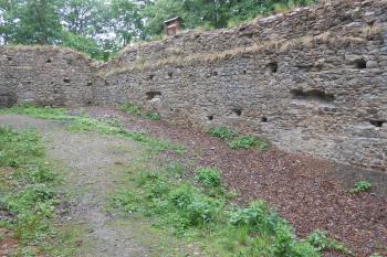 severní podélná stěna paláce se dvěma vybourávkami patrně po pasech valené klenby ( © Jan Večeřa 05/2015)