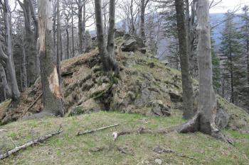 pohled na  hradní skalisko přes hluboký příkop (© D Dohňanský, 04/2014)