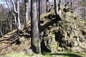 Pohled z přístupové kupy přes šíjový příkop na čelní skalnatou kupu - od západu ( © Jan P. Štěpánek 04/2007)