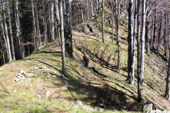 Pohled z čelního skaliska na plochu bývalého nádvoří a zadní skalisko - pohled k východu ( © Jan P. Štěpánek 04/2007)