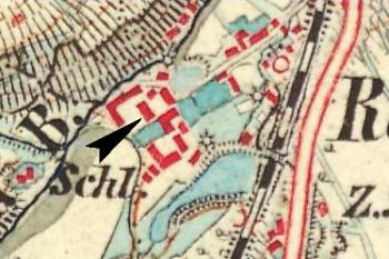 zámek s areálem na mapě 3. vojenského mapování ( © Laboratoř geoinformatiky a Ministerstvo životního prostředí ČR)