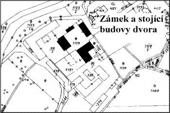 vyznačení zámku a stojících budov dvora do současné katastrální mapy ( © do KN mapy vyznačil Jan P. Štěpánek 2005)