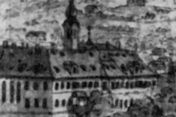 východní křídlo kláštera v pohledu z pankrácké terasy, kolorovaná kresba perem (© Josef Šemebera, 1825 (in J. Karbaš: Česká a pražská veduta v díle Josefa Šembery (1794-1866), Umění, ročník 31/1983, Ústav teorie a dějin umění ČSAV, Praha 1983))