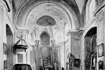 interiér od západu na počátku 20. století (© Antonín Podlaha: Soupis památek historických a uměleckých v Království Českém, sv. 28 Politický okres Vinohradský, Archaelogická komise při České akademii císaře Františka Josefa pro vědy, slovesnost a umění, Praha 1908)