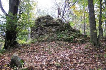 Pohled na hrad s torzem válcové věže v čele od západu ( © Jan P. Štěpánek 10/2007)