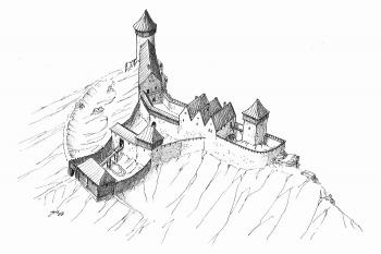 Rekonstrukce středověké podoby hradu před jeho zánikem ( © Jan P. Štěpánek 2007)