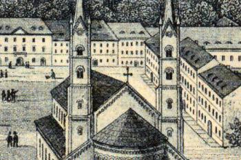 kostel od jihu na leptu Josefa Rybičky podle předlohy neznámého autora (© Josef Rybička, 1859 (in Bečková, Kateřina: Letohrádky, libosady a výletní místa. 2. díl, Pravý břeh Vltavy, Paseka, Praha 2019))