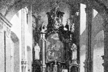 interiér zámecké kaple na počátku 20. století (© Antonín Podlaha: Posvátná místa království Českého; Díl 1. Vikariáty: Českobrodský, Černokostelecký, Mnichovický a Prosecký, Dědictví sv. Jana Nepomuckého, Praha 1907)