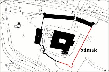 vyznačení areálu zámku do současné katastrální mapy ( © Jan P. Štěpánek 01/2006)