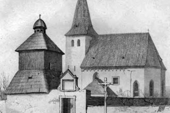 středověký kostel před zbořením (© Obrazy starožitných staveb v Čechách: dle přírody kreslené a do ocele leptané, Fr. Rohlíček, Praha 1853)