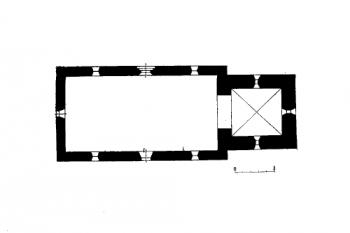 půdorys kostela ( © Anežka Merhautová: Raně středověká architektura v Čechách, Academia, Praha 1971)