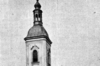 kostel od západu na počátku 20. století (© Antonín Podlaha: Posvátná místa království Českého; Díl 1. Vikariáty: Českobrodský, Černokostelecký, Mnichovický a Prosecký, Dědictví sv. Jana Nepomuckého, Praha 1907)