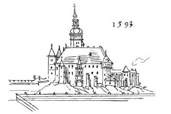 Kroměřížský zámek před barokní přestavbou (renesanční stav za biskupa Thurza) (© A. Prokop, Die Markgrafschaft Mähren in kunstgeschichtlicher Beziehung 2, Wien, 1904.)