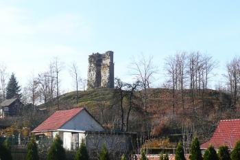 Dolní hrad v Otaslavicích s typickou siluetou poloviny oválné věže od severovýchodu (© Jan P. Štěpánek 11/2009)