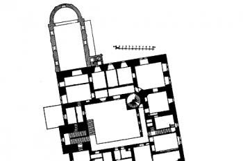 půdorys zámku (© Antonín Podlaha: Soupis památek historických a uměleckých v Království Českém, sv. 28 Politický okres Vinohradský, Archaelogická komise při České akademii císaře Františka Josefa pro vědy, slovesnost a umění, Praha 1908)