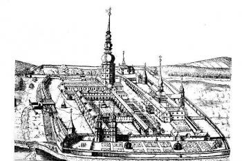 pohled na areál kláštera před barokní přestavbou (© A. Prokop, Die Markgrafschaft Mähren in kunstgeschichtlicher Beziehung 1, Wien, 1904.)