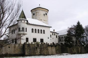 pohled na hrad s výraznou románskou věží z parku, od řeky Váh ( © Jan P. Štěpánek 11/2007)