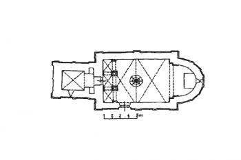 půdorys kostela ( © P. Kroupa podle A. Merhautové (in Pavel Kroupa: Průzkum jižního průčelí lodi kostela sv. Jakuba v Jakubu u Kutné Hory, Průzkumy památek 1997-I, Památkový ústav středních Čech, Praha, 1997))