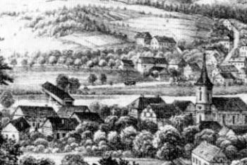 pohled na obec s mostem od severovýchodu ( © J. Schäfler, po r. 1855 (in L. Zeman: Dřevěný krytý most přes řeku Ohři v Radošově opět stojí, Zprávy památkové péče LXIV, Národní památkový ústav, Praha 2004))