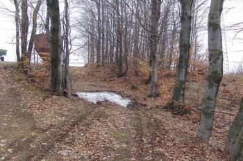 Zbytky druhého příkopu, dnes téměř zničené. Napravo val a za ním druhý příkop ( © Roman Řezáč 03/2005)