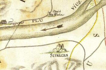 schématické zachycení hradu na historické mapě zachycující Jablunkovsko až Žilinu, 18. století (Kriegs Archiv)