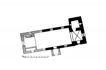 půdorys kostela ( © Karel Chytil: Soupis památek historických a uměleckých v Království Českém, sv. 11 Politický okres chrudimský, Archaelogická komise při České akademii císaře Františka Josefa pro vědy, slovesnost a umění, Praha 1900)
