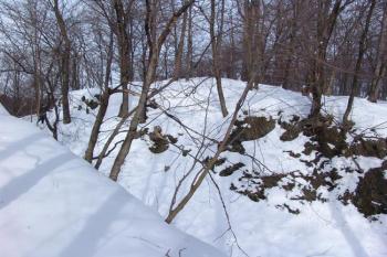 Šíjový příkop, za ním jádro hrádku ( © Roman Řezáč 02/2006)