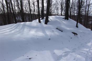Kopeček s valem asi 120 m před hradem, snad obléhací opevnění ( © Roman Řezáč 02/2006)