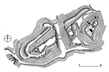 Situační plán (Plaček M., Ilustrovaná encyklopedie moravských hradů, hrádku a tvrzí, Libri, 2001, str. 523, obr. 1001)