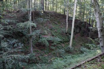 Pohled z čela jádra hradu přes mohutný příkop na předhradí ( © Iva Spurná 26.9.2009)