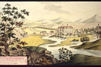 Zámek a městečko na obr. I.A.Venuta z roku 1809 (© Ing. Karel Kubín, 09/2017)