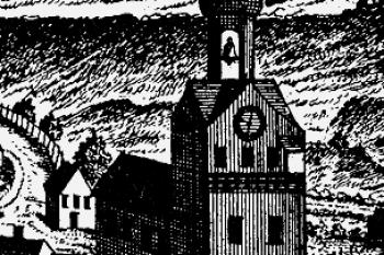 zámecká věž v polovině 18. století ( © Josef Spahn, 1759 (in J. Klsák - L. Zeman: Stará radnice v Karlových Varech, Historický sobrník Karlovarska, SOkA Karlovy Vary, Karlovy Vary 2000))