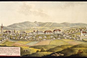 Celkový pohled na Golčův Jeníkov na obr. I.A.Venuta z r. 1824 (© Ing. Karel Kubín, 09/2017)