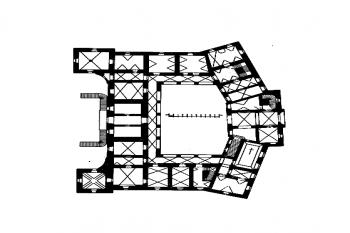 půdorys přízemí (© Zdeněk Wirth: Soupis památek historických a uměleckých v Království Českém, sv. 23 Politický okres chotěbořský, Archaelogická komise při České akademii císaře Františka Josefa pro vědy, slovesnost a umění, Praha 1906)