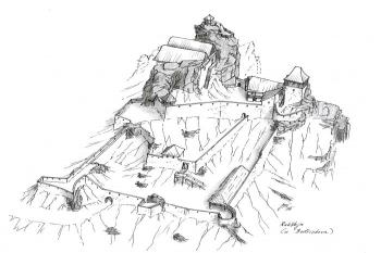 rekonstrukce pravděpodobné podoby hradu kolem roku 1620 ( © Jan P. Štěpánek 2008)