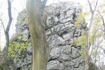 pohled z východního skalního suku na masív nejvyššího severozápadního suku a spojovací hradbu ( © Jan P. Štěpánek 11/2008)